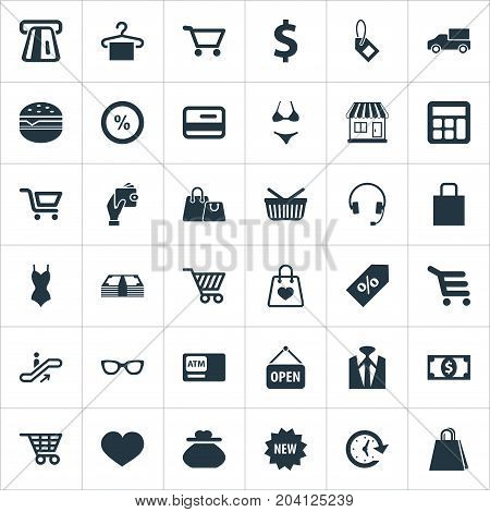 Elements Electronics, Swimsuit, Atm And Other Synonyms Love, Shipping And Butty.  Vector Illustration Set Of Simple Purchase Icons.