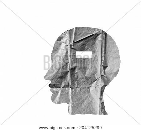 Crumpled paper shaped as a human head and minus sign on white background. Negative and minus sign concept.