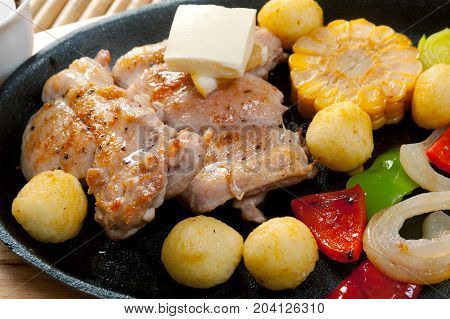 Japanese cuisine pork roasted, Close-up cooked meal