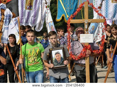 Rosokhach - Chortkiv - Ukraine - September 5 2014. Villagers and district Rosokhach say goodbye to Ukrainian soldier killed in Donbas in the war with Russia
