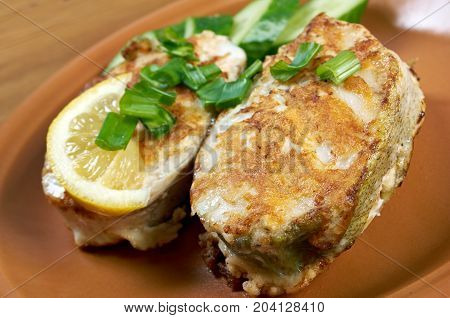 grilled t-bone codfish steak and vegetables ,close up meal