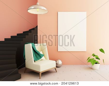 3d Interior mockup illustration, modern room with chair and hipster decoration, blank frame on wall