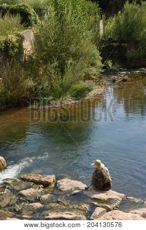 fishing in the river of La Poble de Lillet Bergueda Barcelona province Catalonia Spain