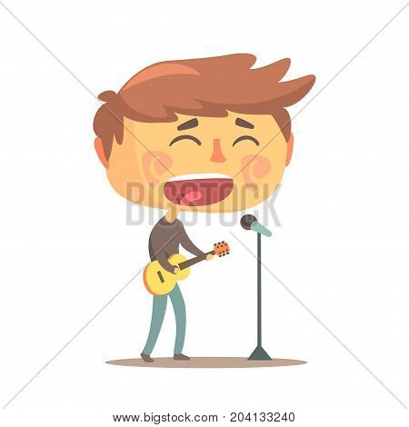 Boy playing guitar and siging, young musician cartoon vector Illustration on a white background