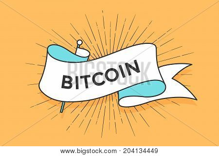 Poster or banner with ribbon and word Bitcoin. White trendy ribbon banner in trendy style for greeting card or web banner on colorful yellow background. Vector Illustration