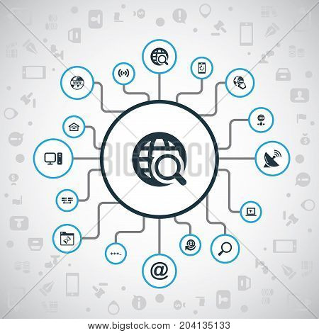 Elements Sputnik Signal, Data Center, Parole And Other Synonyms Personal, Magnifier And Seek.  Vector Illustration Set Of Simple Network Icons.