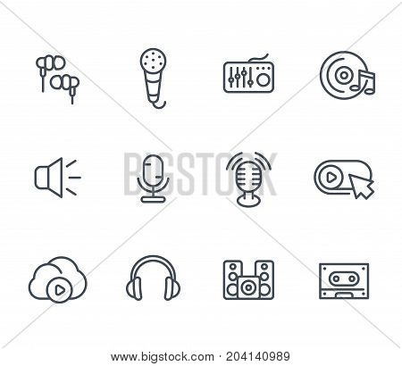 audio line icons, sound mixing, microphones, recording, earbuds, headphones, speakers, cassette tape pictograms on white