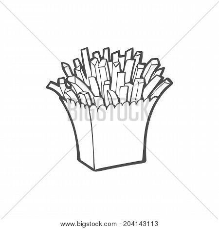 Vector sketch potato fry, french fries on striped white paper box. Hand drawn cartoon isolated illustration on a white background. Tasty fast food