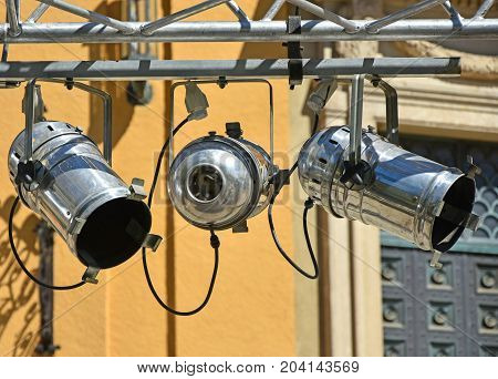 Spotlights on the stage of an outdoor theather