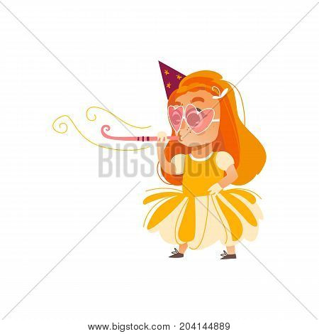 vector flat cartoon girl kid in funny heart glasses, yellow dress and party hat faving fun whistling. isolated illustration on a white background. Kids patty concept