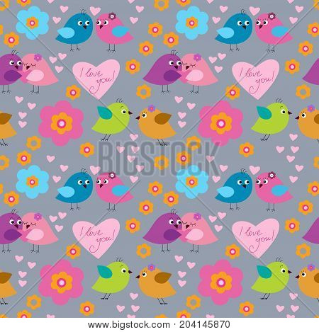 Cute seamless pattern with a birds on the day of Saint Valentine