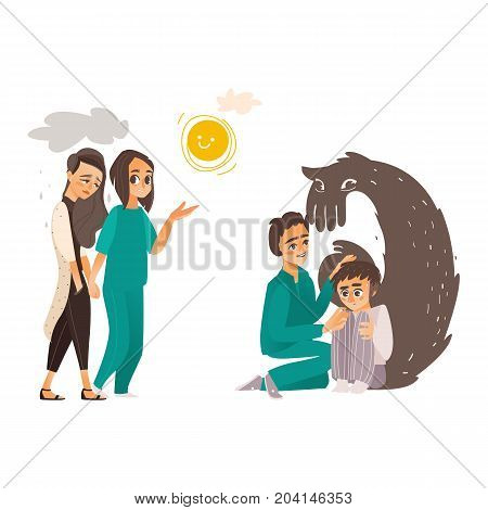 vector falt mental patients set. Female doctor showing sun to woman suffering from depression, psychiatrist calming down man suffering from anxiety, fear. Isolated illustration on a white background.