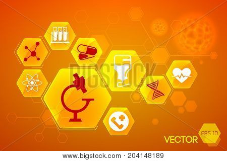 Medical background design with microscope tubes and pills flat vector illustration