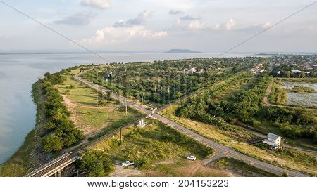 Aerial View Railroad Pa Sak Dam Ban Kok Slung Lopburi Thailand