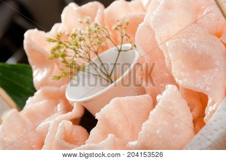 prawn potato chips chinese.  close up traditional meal