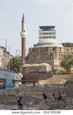 SOFIA, BULGARIA - AUGUST 09, 2017:Remains of the ancient Roman amphitheater in the center of Sofia Bulgaria.