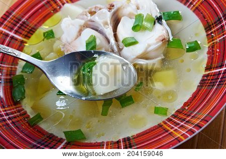 Ukha. Russian home traditional fish soup. close up meal