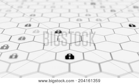 Blockchain network concept. Distributed ledger technology. Locks are located in Hexagonal cells on white background. 3d rendering illustration. Big data node base concept.