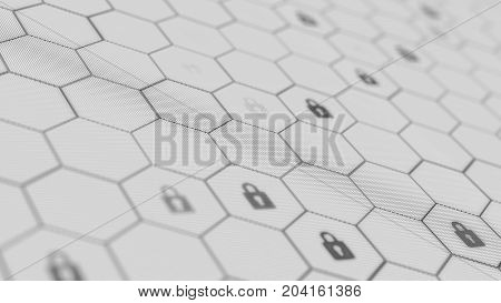 Blockchain network concept. Distributed ledger technology. Locks are located in Hexagonal cells on white background. 3d rendering illustration. Big data node base concept.