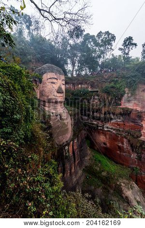 View of the Buddha statue in Leshan, China. Leshan Buddha is the world's largest statue of Buddha, whose height is 71 meters.