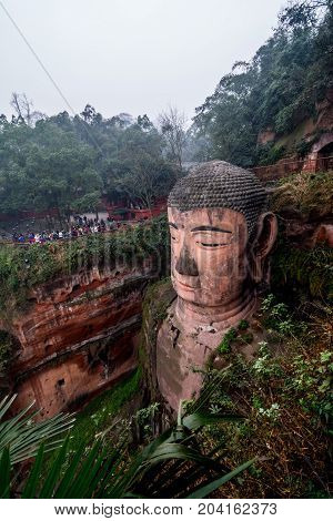 View of the Buddha statue in Leshan, China. Leshan Buddha is the world's largest statue of Buddha, whose height is 71 meters.
