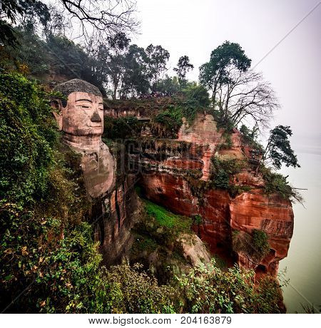 View of the Buddha statue in Leshan, China. Leshan Buddha is the world's largest statue of Buddha, whose height is 71 meters.