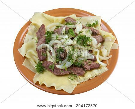Beshbarmak: Traditional meat asian cuisine close up homemade meal