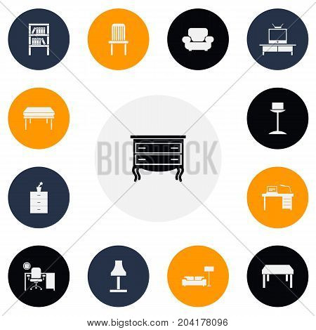 Set Of 13 Editable Furnishings Icons. Includes Symbols Such As Office, Interior, Trestle And More