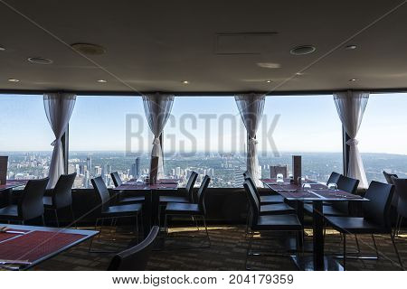 TORONTO,CANADA-AUGUST 2,2015:Suggestive view of the skyskrapers in Toronto view by the restauran on the top of Cn towers during a sunny day.