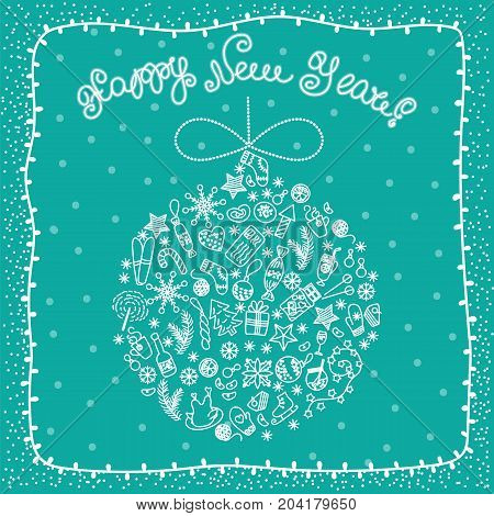 white merry christmas ball with celebratory elements. Christmas card in a linear style