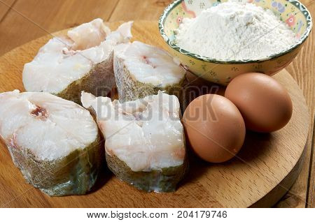 codfish steak .prepared fisheggflour , close up cooked meal