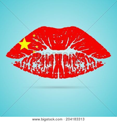 China Flag Lipstick On The Lips Isolated On A White Background. Vector Illustration. Kiss Mark In Official Colors And Proportions. Independence Day