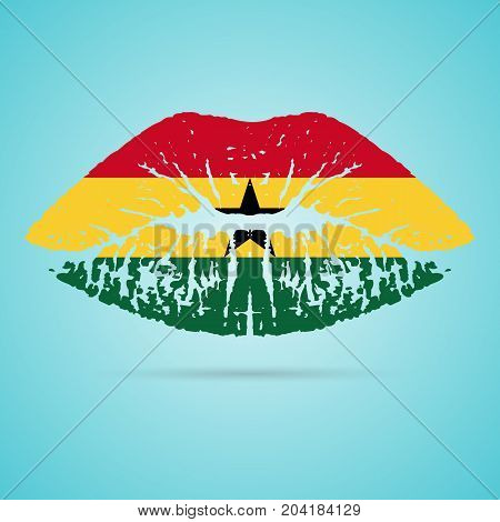 Ghana Flag Lipstick On The Lips Isolated On A White Background. Vector Illustration. Kiss Mark In Official Colors And Proportions. Independence Day