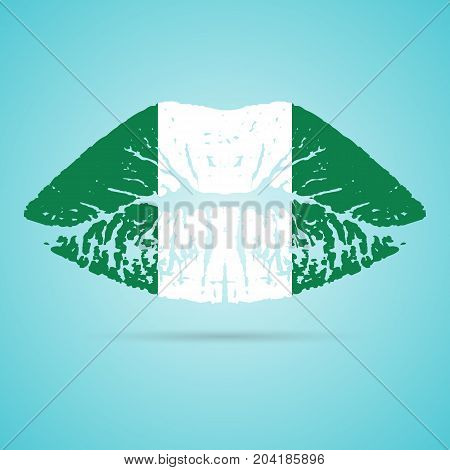 Nigeria Flag Lipstick On The Lips Isolated On A White Background. Vector Illustration. Kiss Mark In Official Colors And Proportions. Independence Day