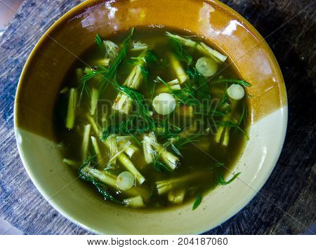 bamboo shoot curry Local food of Thai in white and brown bowl