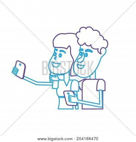 line beauty couple with hairstyle and smartphone in the hand vector illustration
