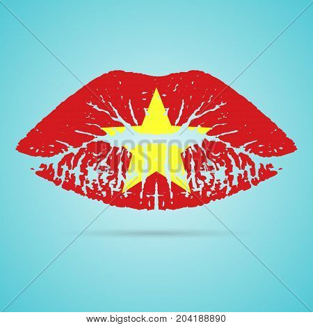 Vietnam Flag Lipstick On The Lips Isolated On A White Background. Vector Illustration. Kiss Mark In Official Colors And Proportions. Independence Day