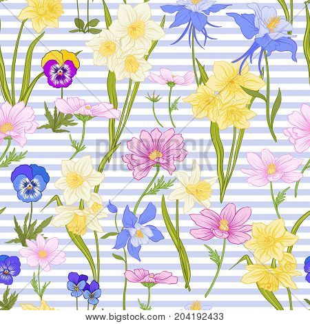 Seamless pattern with daffodils, anemones, violets in botanical vintage style with rococo decor on blue and white stripes background . Stock line vector illustration.