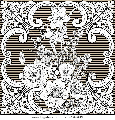 Seamless pattern with daffodils, anemones, violets in botanical vintage style with rococo decor on white beige stripes background. Stock line vector illustration.