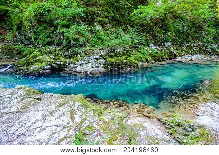 Lake from waterfall at Soteska vintgar Slovenia (The Vintgar Gorge or Bled Gorge)