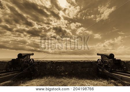 Fort Christiansoe naval fortress with cannons near island Bornholm in the Baltic Sea Denmark Scandinavia Europe.