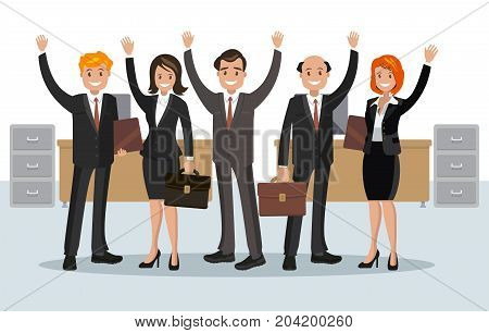 A group of young people in suits. Business team of employees. Vector illustration of office workers. Flat design.
