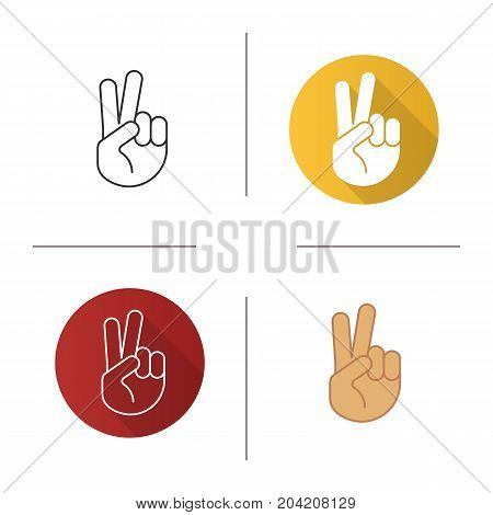 Peace hand gesture icon. Flat design, linear and color styles. Two fingers up. Isolated vector illustrations