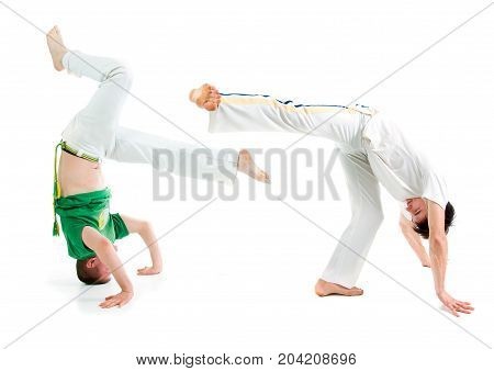 Contact Sport .Capoeira. training over white background