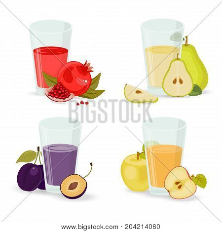 Illustration fruit juice vector collection stock image. Fruit juice such as Apple pear plum ripe red pomegranate. Stock vector.
