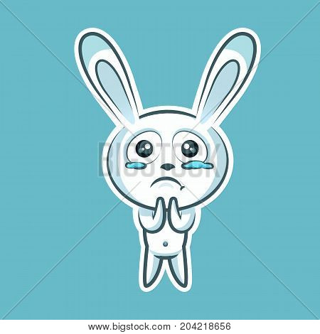 Sticker emoji emoticon, emotion beg, ask, pray, tears in eyes, vector illustration character sweet, cute white rabbit, bunny, hare, coney, cony, lapin for happy Easter mobile app