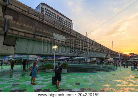 Bangkok , Thailand - 13 September, 2017: MBK sky walk in Sunset time / Walk way new design in front of the MBK center shopping mall in Bangkok