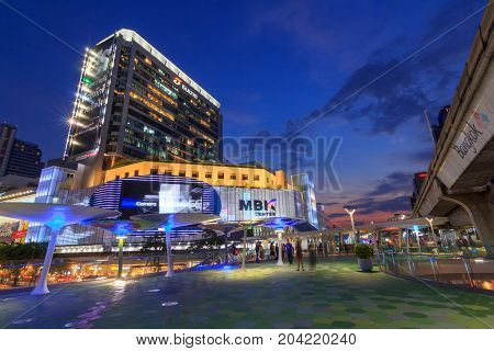 Bangkok , Thailand - 13 September, 2017: MBK sky walk in Sunset time / Walk way new design in front of the MBK center shopping mall in Bangkok