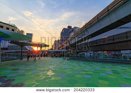 Bangkok , Thailand - 13 September, 2017: MBK sky walk in Sunset time / Walk way new design in front of the MBK center shopping mall in Bangkok