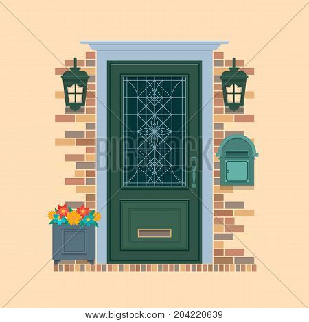 Elements of architecture , front door background.Bouquet flowers in front of house door.Flat vector illustration. Vector illustration